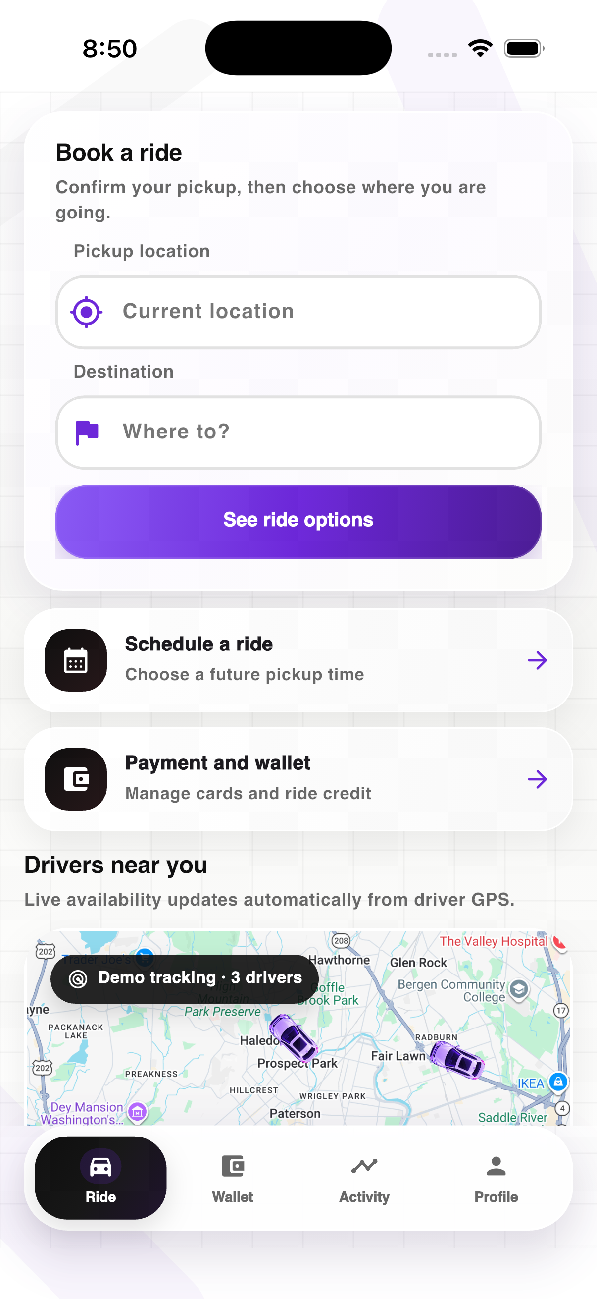 Actual Ride mobile app booking screen