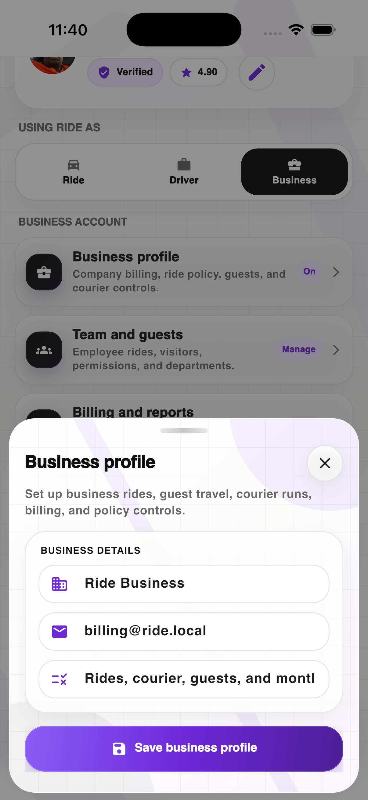 Ride app Business profile with team, guest, billing, and policy controls