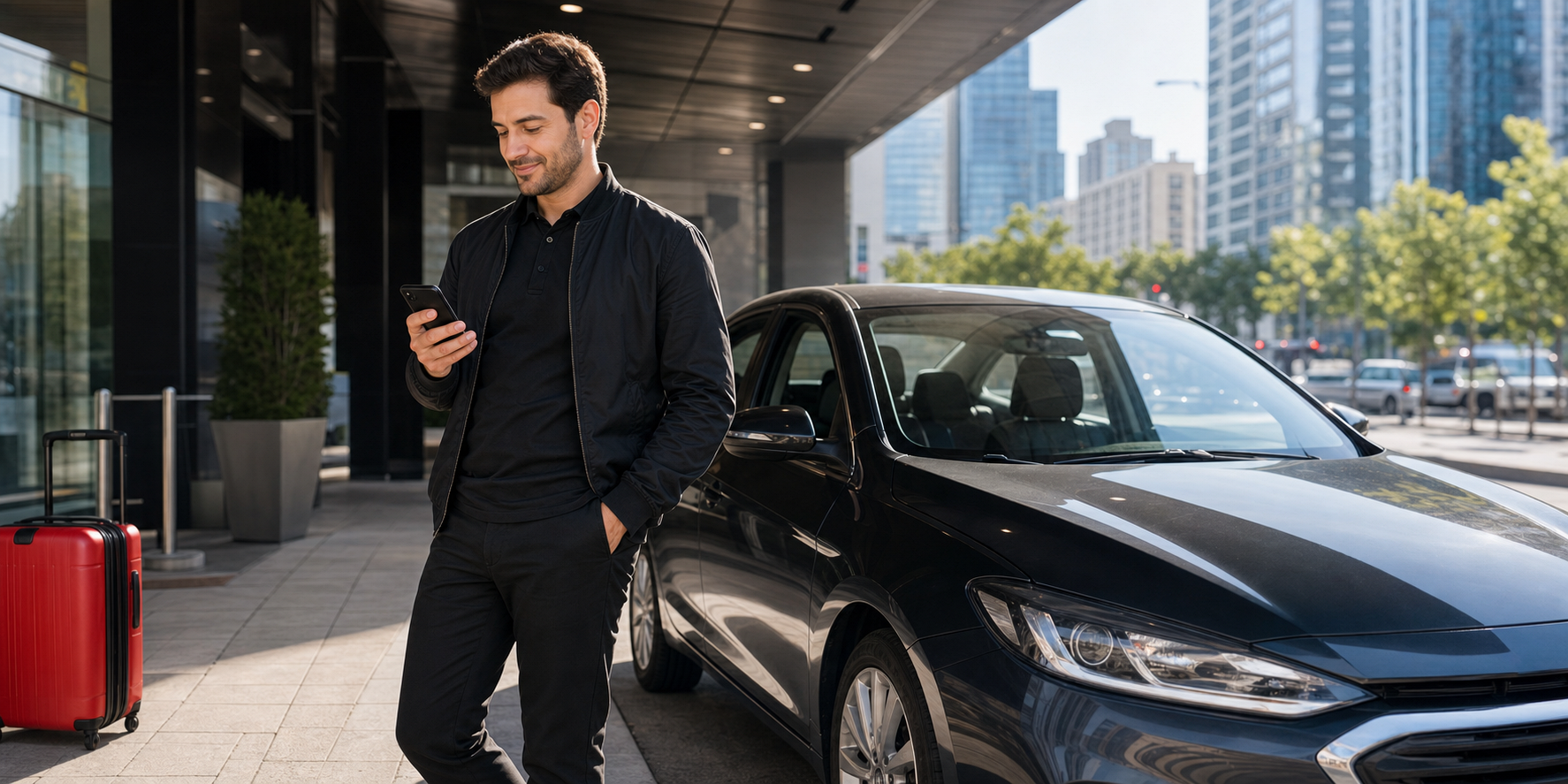 Driver checking the Ride app beside a car at a city pickup curb
