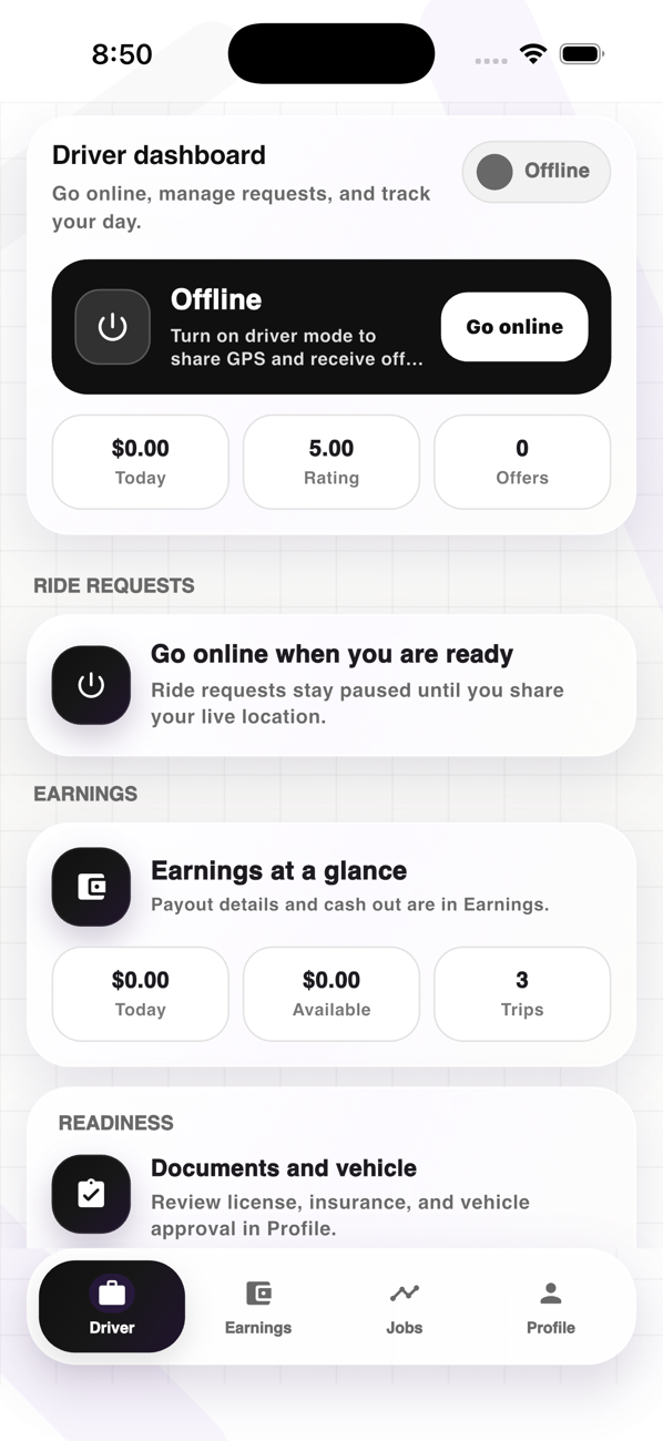 Ride driver dashboard displayed on an iPhone