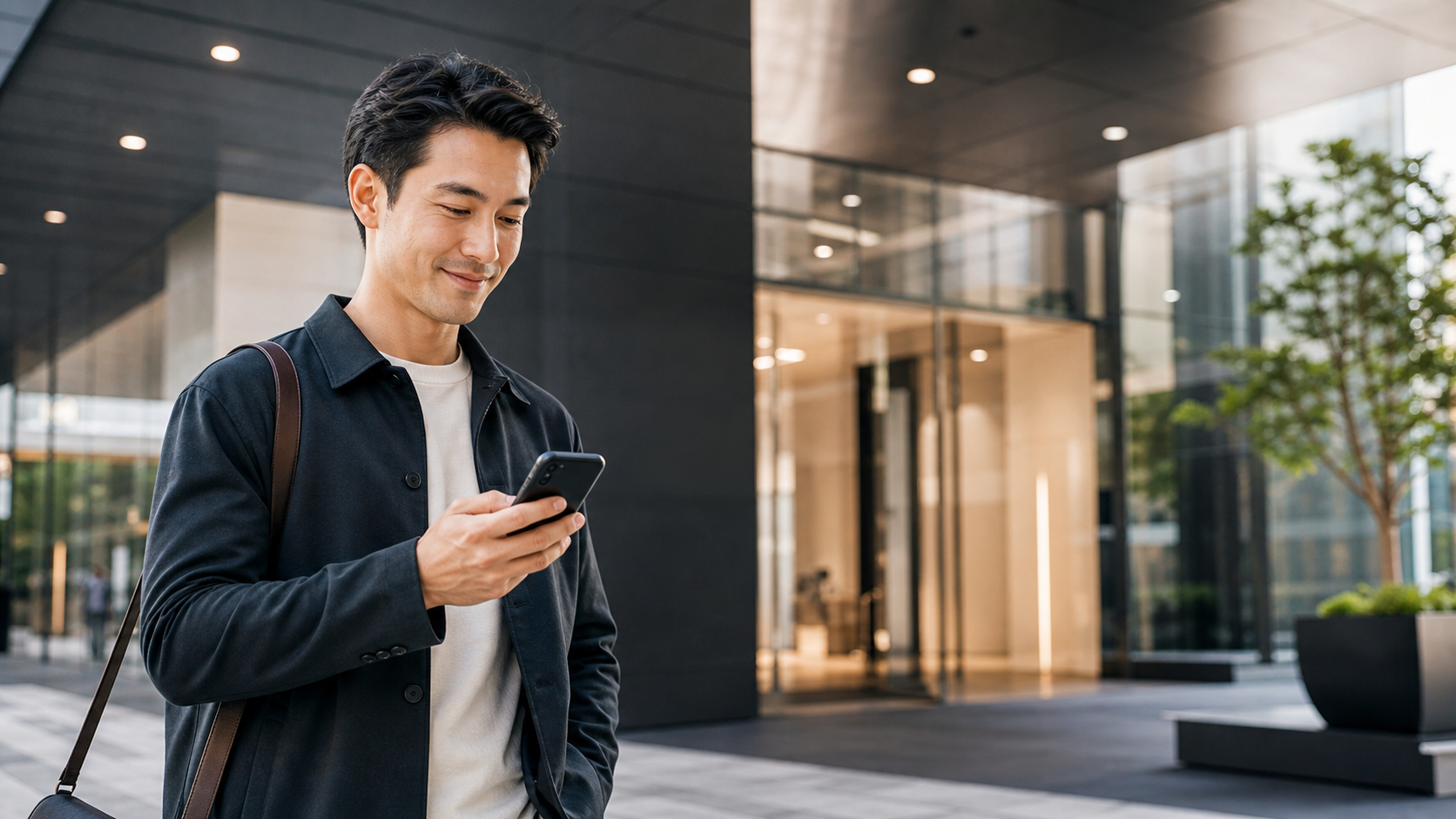 Ride customer using the app in a modern city setting
