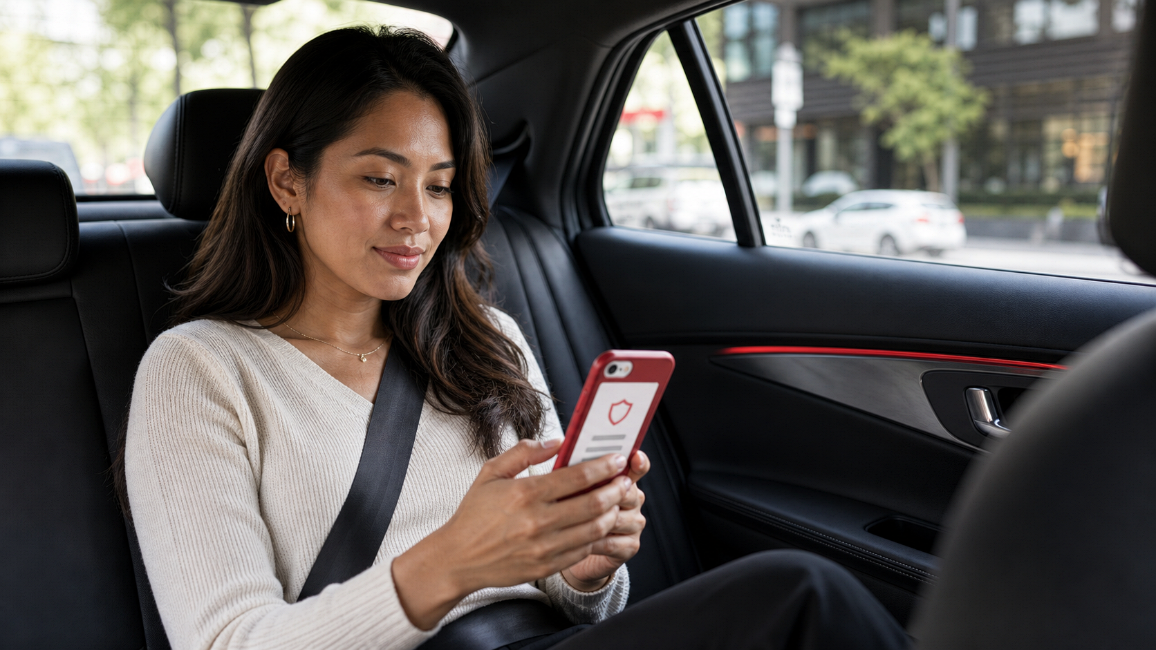 photo of a Ride passenger using safety features in the back seat